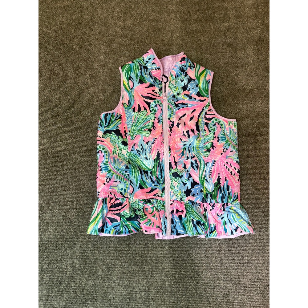 Lilly Pulitzer Girls Reversible Down Puffer Vest Floral Ruffle Hem Pink Blue L